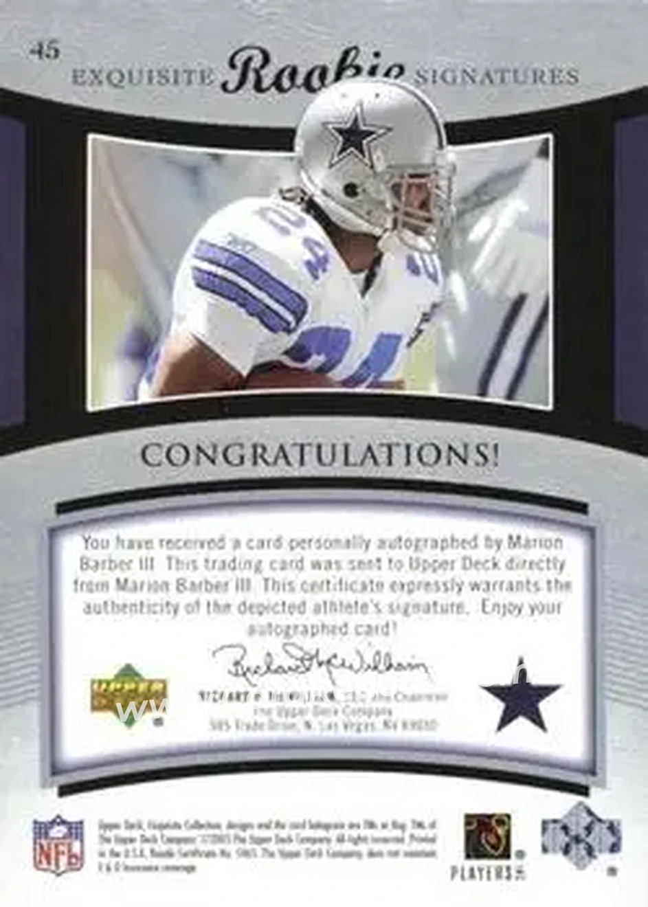 2005 Upper Deck Exquisite Collection #45 - Marion Barber - Dallas Cowboys - Back 2005 Upper Deck Exquisite Collection #45 - Marion Barber - Dallas Cowboys - Back