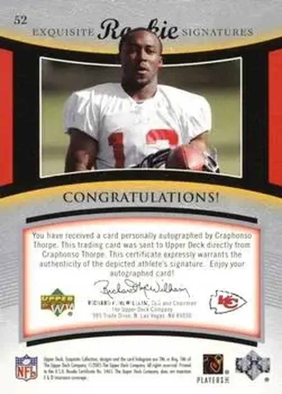 2005 Upper Deck Exquisite Collection #52 - Craphonso Thorpe - Kansas City Chiefs - Back