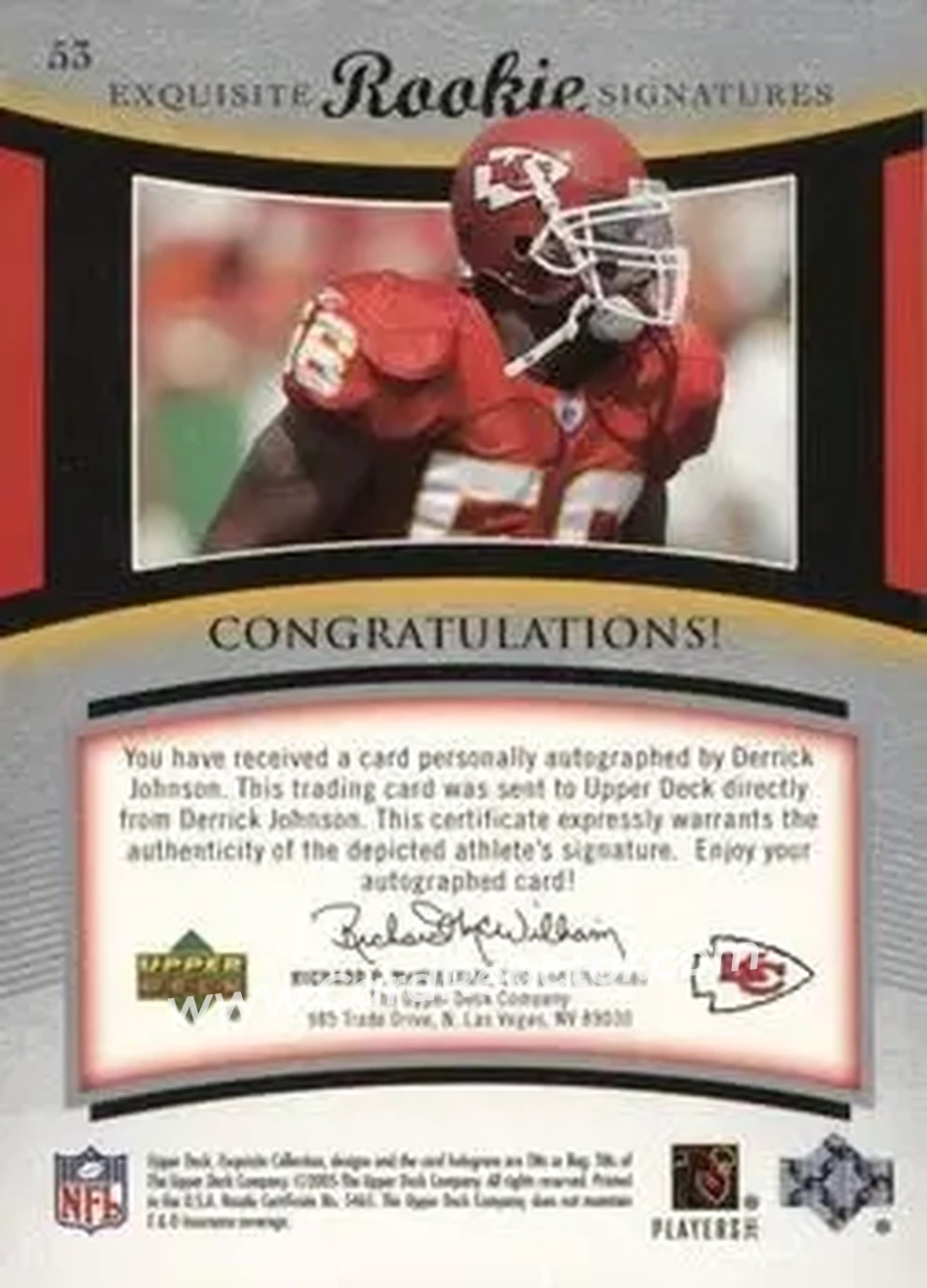 2005 Upper Deck Exquisite Collection #53 - Derrick Johnson - Kansas City Chiefs - Back