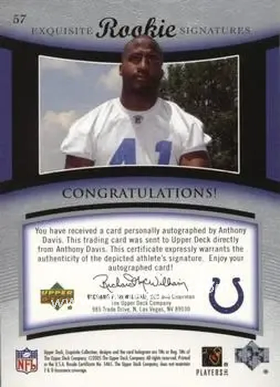 2005 Upper Deck Exquisite Collection #57 - Anthony Davis - Indianapolis Colts - Back 2005 Upper Deck Exquisite Collection #57 - Anthony Davis - Indianapolis Colts - Back