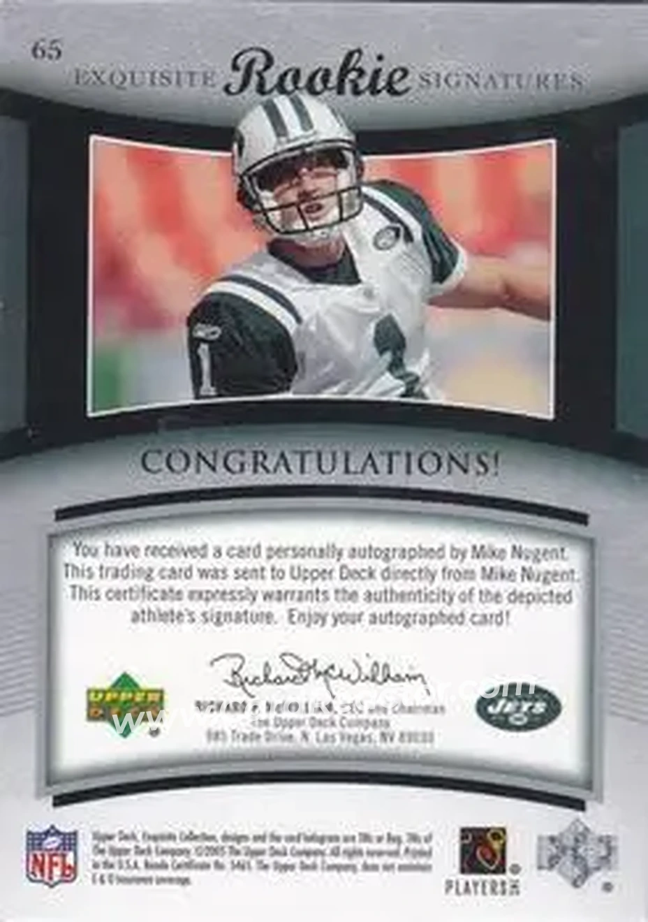 2005 Upper Deck Exquisite Collection #65 - Mike Nugent - New York Jets - Back 2005 Upper Deck Exquisite Collection #65 - Mike Nugent - New York Jets - Back