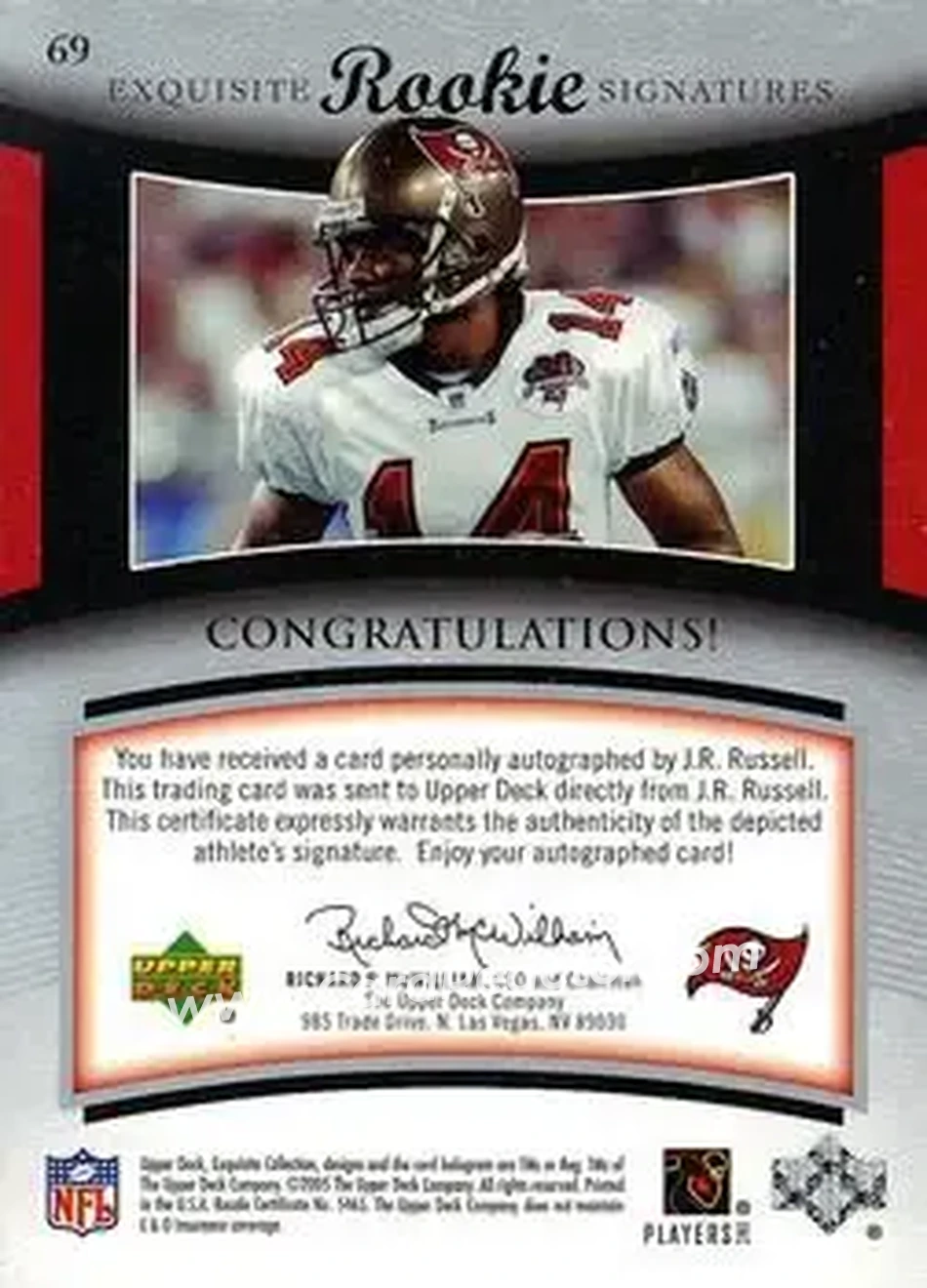 2005 Upper Deck Exquisite Collection #69 - J.R. Russell - Tampa Bay Buccaneers - Back