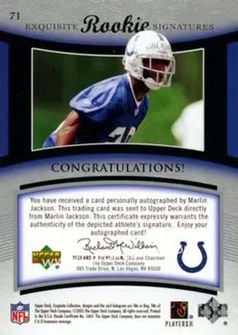 2005 Upper Deck Exquisite Collection #71 - Marlin Jackson - Indianapolis Colts - Back 2005 Upper Deck Exquisite Collection #71 - Marlin Jackson - Indianapolis Colts - Back