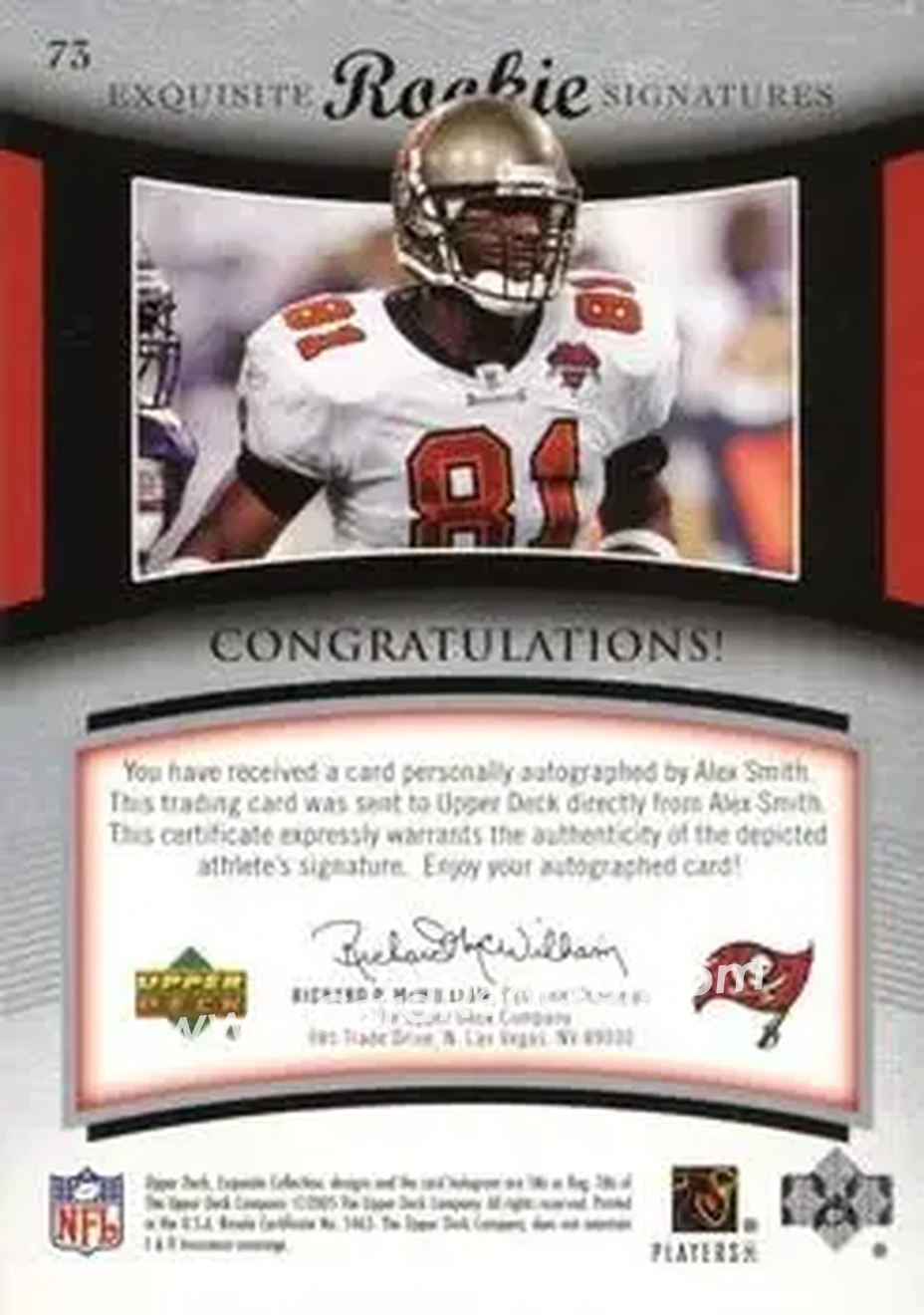 2005 Upper Deck Exquisite Collection #73 - Alex Smith - Tampa Bay Buccaneers - Back