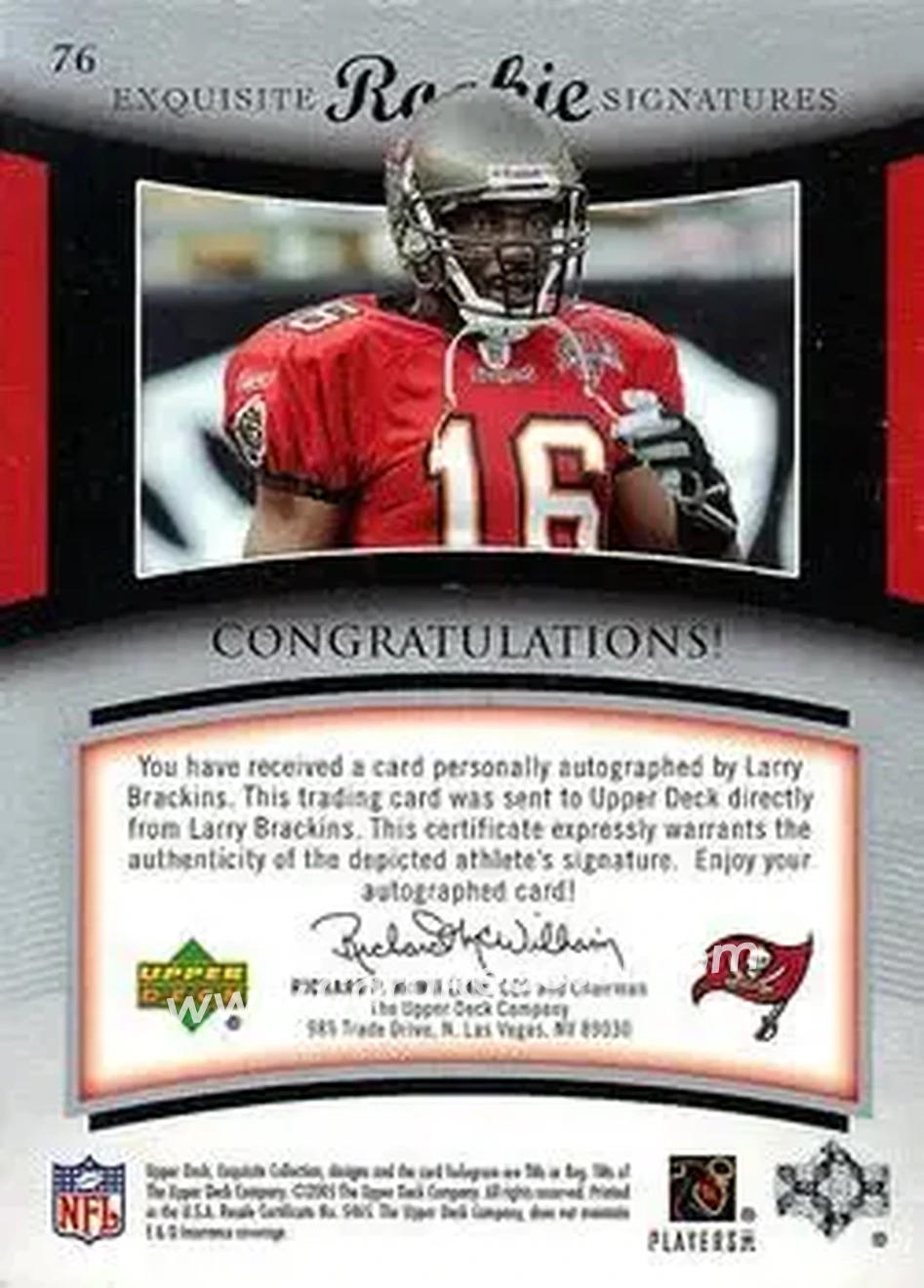 2005 Upper Deck Exquisite Collection #76 - Larry Brackins - Tampa Bay Buccaneers - Back