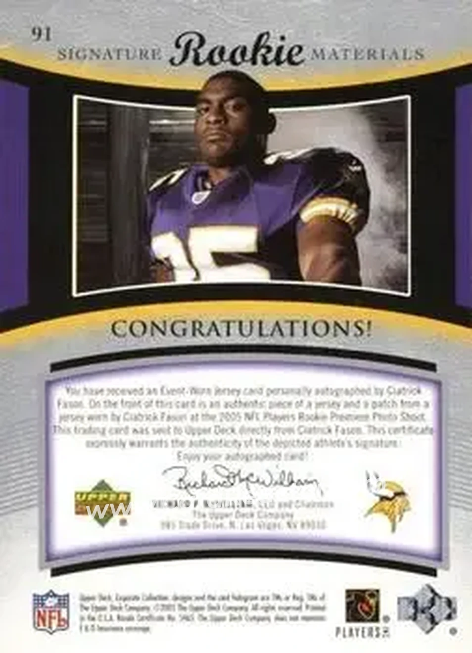 2005 Upper Deck Exquisite Collection #91 - Ciatrick Fason - Minnesota Vikings - Back
