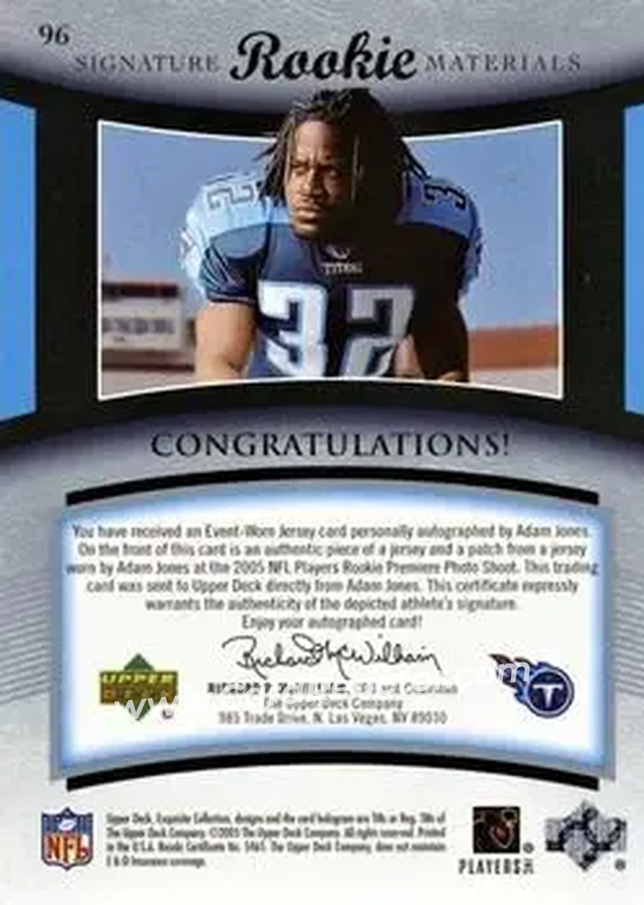 2005 Upper Deck Exquisite Collection #96 - Adam Jones - Tennessee Titans - Back 2005 Upper Deck Exquisite Collection #96 - Adam Jones - Tennessee Titans - Back