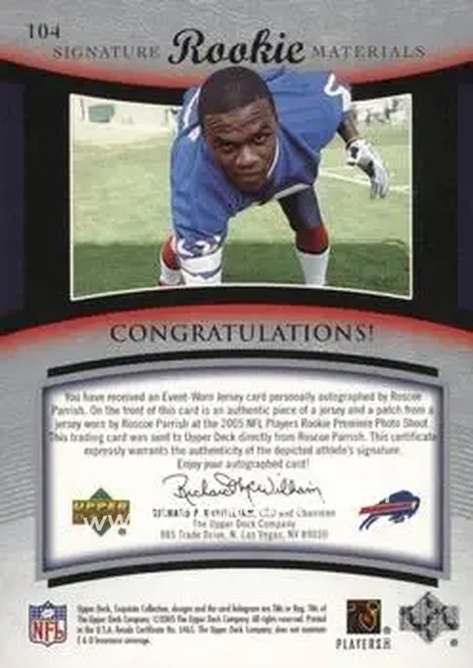 2005 Upper Deck Exquisite Collection #104 - Roscoe Parrish - Buffalo Bills - Back 2005 Upper Deck Exquisite Collection #104 - Roscoe Parrish - Buffalo Bills - Back