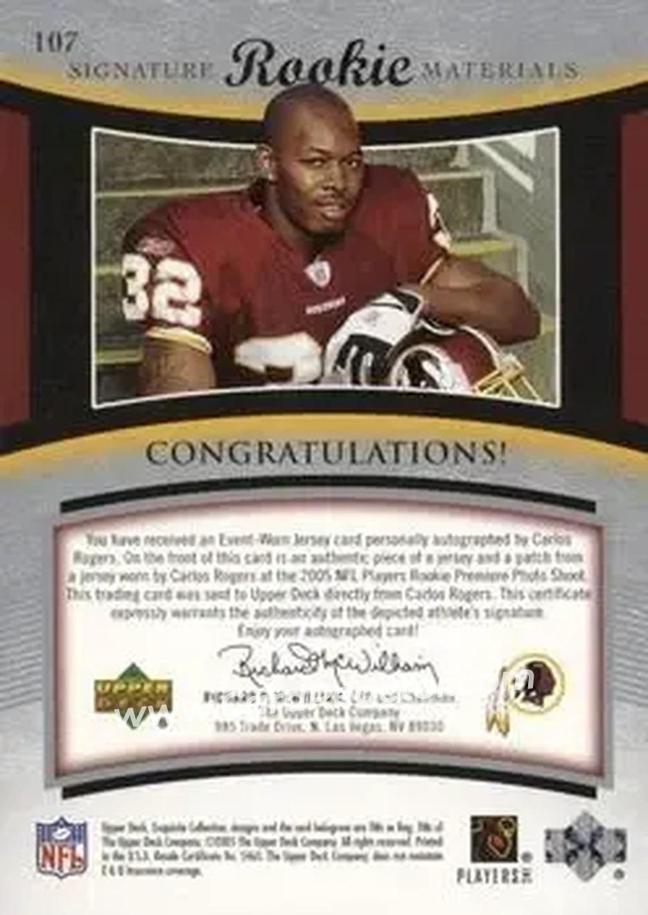 2005 Upper Deck Exquisite Collection #107 - Carlos Rogers - Washington Redskins - Back 2005 Upper Deck Exquisite Collection #107 - Carlos Rogers - Washington Redskins - Back