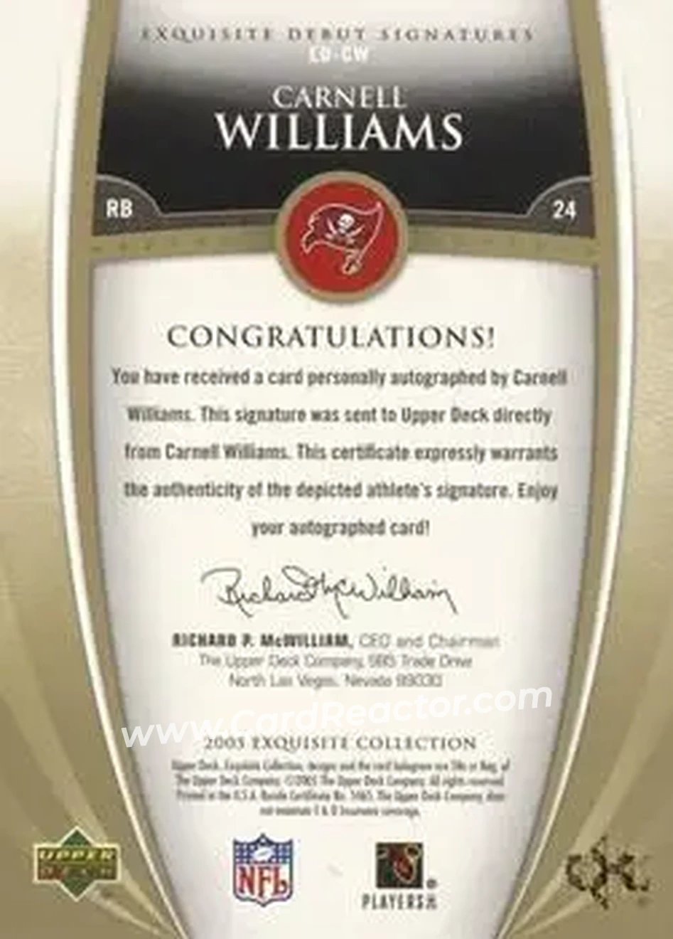 2005 Upper Deck Exquisite Collection - Debut Signatures #ED-CW - Cadillac Williams - Tampa Bay Buccaneers - Back 2005 Upper Deck Exquisite Collection - Debut Signatures #ED-CW - Cadillac Williams - Tampa Bay Buccaneers - Back