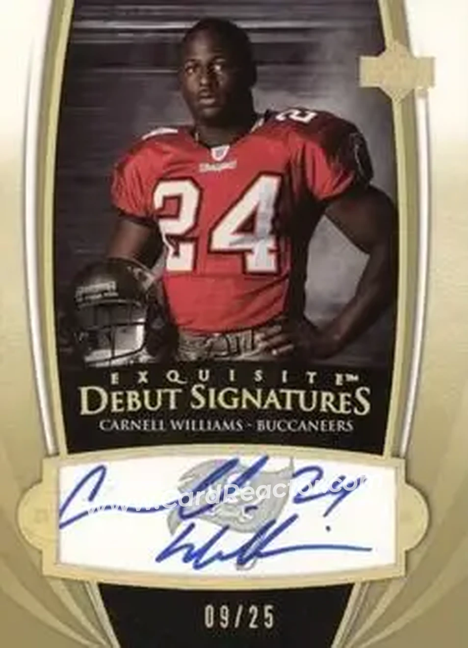 2005 Upper Deck Exquisite Collection - Debut Signatures #ED-CW - Cadillac Williams - Tampa Bay Buccaneers - Front 2005 Upper Deck Exquisite Collection - Debut Signatures #ED-CW - Cadillac Williams - Tampa Bay Buccaneers - Front