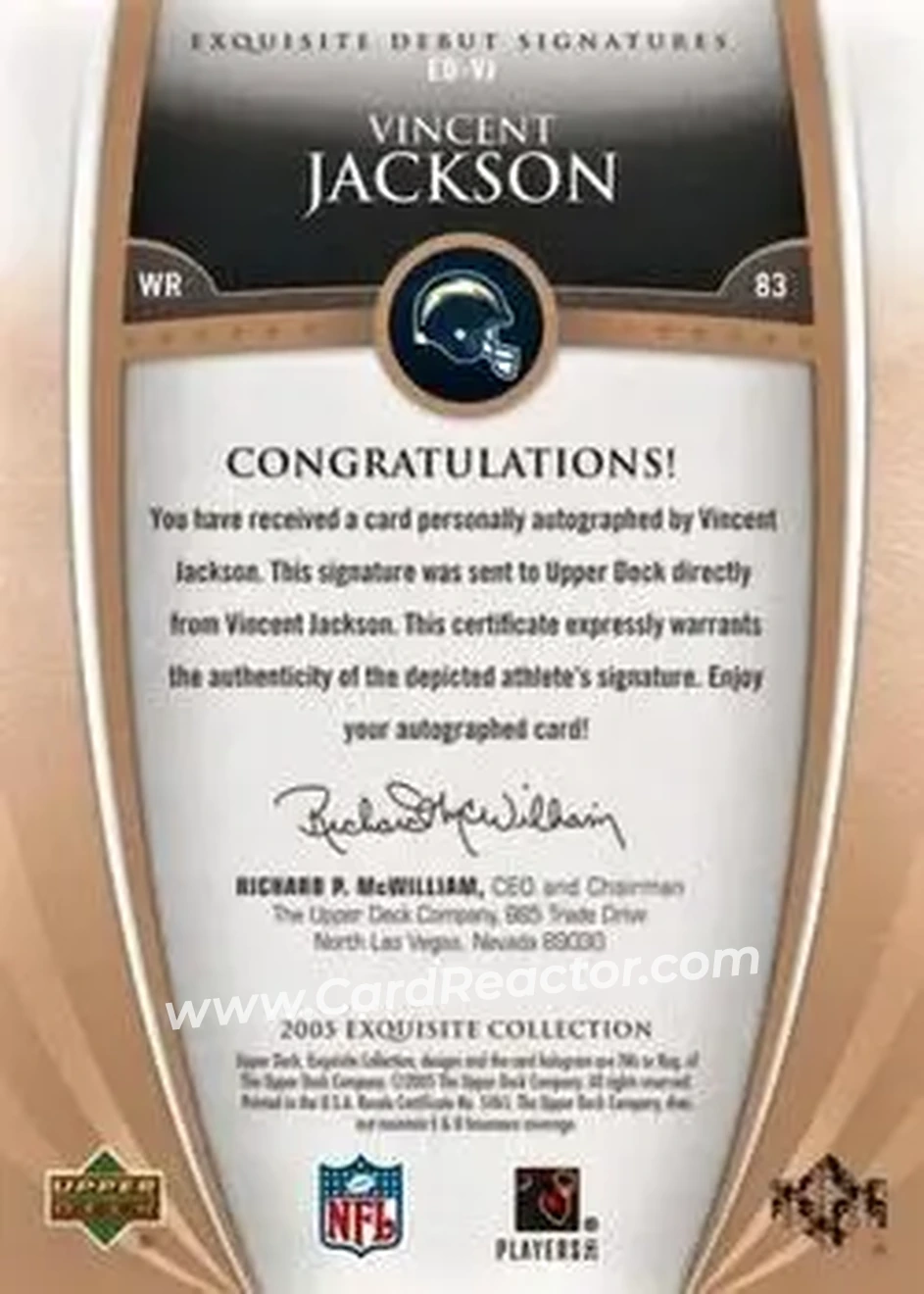 2005 Upper Deck Exquisite Collection - Debut Signatures #ED-VJ - Vincent Jackson - San Diego Chargers - Back 2005 Upper Deck Exquisite Collection - Debut Signatures #ED-VJ - Vincent Jackson - San Diego Chargers - Back