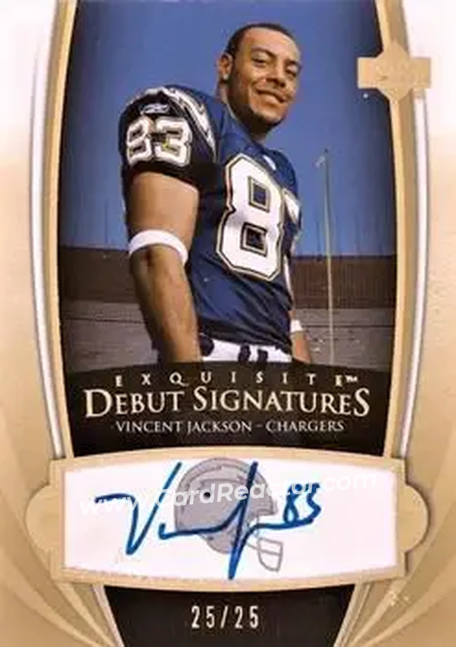 2005 Upper Deck Exquisite Collection - Debut Signatures #ED-VJ - Vincent Jackson - San Diego Chargers - Front 2005 Upper Deck Exquisite Collection - Debut Signatures #ED-VJ - Vincent Jackson - San Diego Chargers - Front