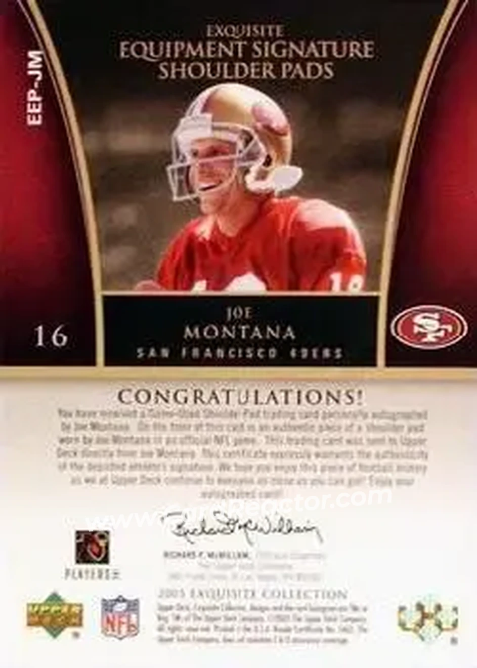 2005 Upper Deck Exquisite Collection - Equipment Pads Autographs #EEP-JM - Joe Montana - San Francisco 49ers - Back
