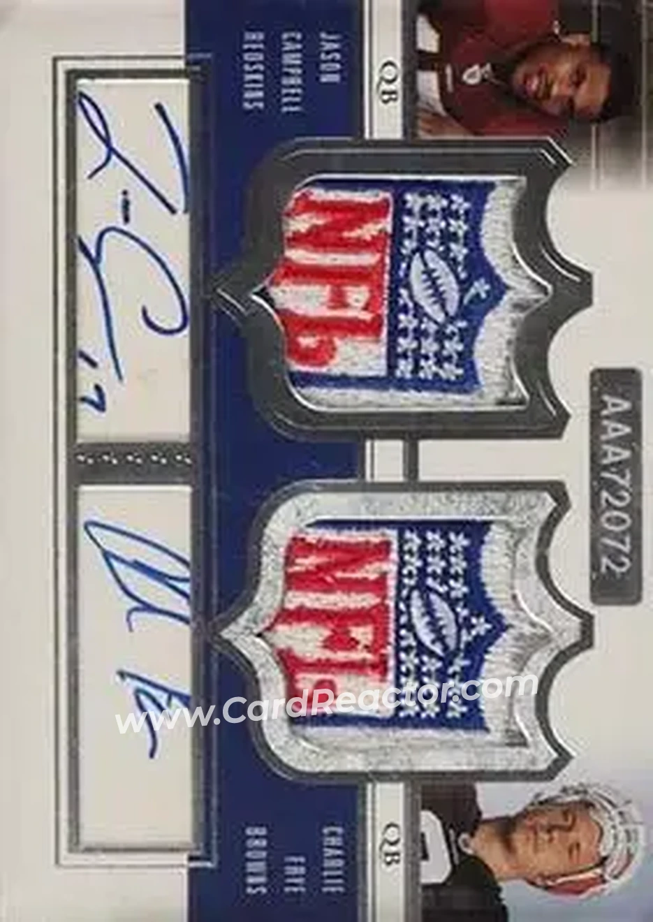 2005 Upper Deck Exquisite Collection - NFL Logo Quad Autographs #SRCF - Alex Smith - Aaron Rodgers - Jason Campbell - Charlie Frye AU, MEM, SN1 - San Francisco 49ers - Green Bay Packers - Oakland Raiders - Cleveland Browns - Back 2005 Upper Deck Exquisite Collection - NFL Logo Quad Autographs #SRCF - Alex Smith - Aaron Rodgers - Jason Campbell - Charlie Frye AU, MEM, SN1 - San Francisco 49ers - Green Bay Packers - Oakland Raiders - Cleveland Browns - Back