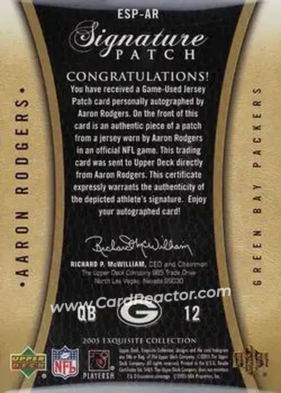 2005 Upper Deck Exquisite Collection - Patch Autographs #ESP-AR - Aaron Rodgers - Green Bay Packers - Back