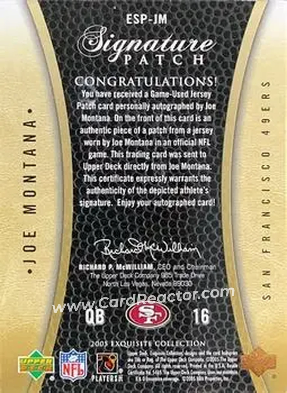 2005 Upper Deck Exquisite Collection - Patch Autographs #ESP-JM - Joe Montana - San Francisco 49ers - Back