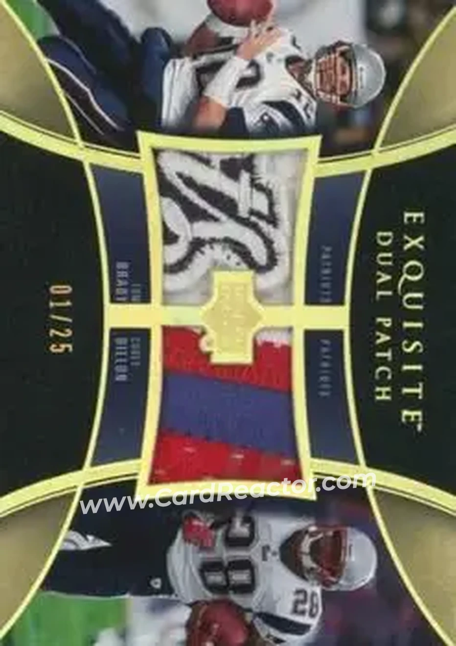 2005 Upper Deck Exquisite Collection - Patch Duals #E2P-BD - Tom Brady - Corey Dillon MEM, SN25 - New England Patriots - New England Patriots - Front 2005 Upper Deck Exquisite Collection - Patch Duals #E2P-BD - Tom Brady - Corey Dillon MEM, SN25 - New England Patriots - New England Patriots - Front