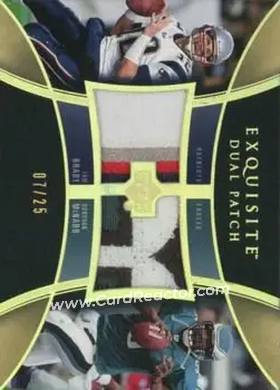 2005 Upper Deck Exquisite Collection - Patch Duals #E2P-BM - Tom Brady - Donovan McNabb MEM, SN25 - New England Patriots - Philadelphia Eagles - Front 2005 Upper Deck Exquisite Collection - Patch Duals #E2P-BM - Tom Brady - Donovan McNabb MEM, SN25 - New England Patriots - Philadelphia Eagles - Front