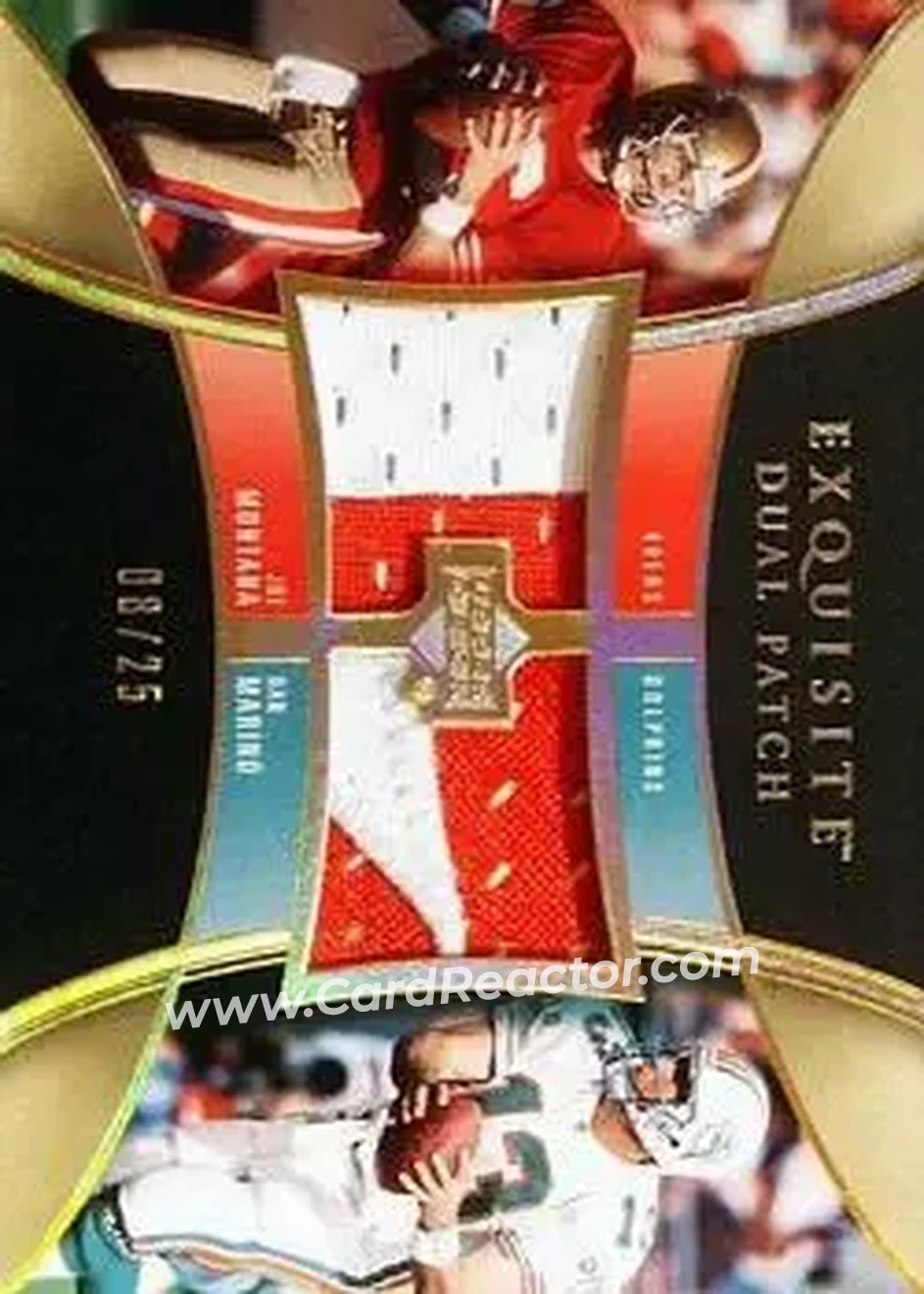 2005 Upper Deck Exquisite Collection - Patch Duals #E2P-JD - Joe Montana - Dan Marino MEM, SN25 - San Francisco 49ers - Miami Dolphins - Front 2005 Upper Deck Exquisite Collection - Patch Duals #E2P-JD - Joe Montana - Dan Marino MEM, SN25 - San Francisco 49ers - Miami Dolphins - Front