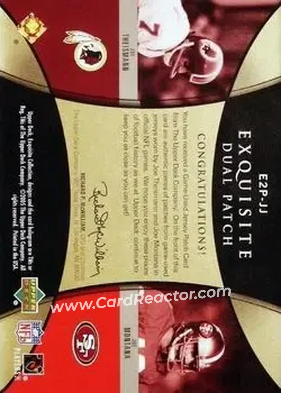 2005 Upper Deck Exquisite Collection - Patch Duals #E2P-JJ - Joe Theismann - Joe Montana MEM, SN25 - Washington Redskins - San Francisco 49ers - Back 2005 Upper Deck Exquisite Collection - Patch Duals #E2P-JJ - Joe Theismann - Joe Montana MEM, SN25 - Washington Redskins - San Francisco 49ers - Back