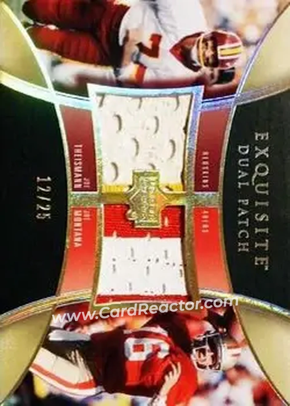 2005 Upper Deck Exquisite Collection - Patch Duals #E2P-JJ - Joe Theismann - Joe Montana MEM, SN25 - Washington Redskins - San Francisco 49ers - Front 2005 Upper Deck Exquisite Collection - Patch Duals #E2P-JJ - Joe Theismann - Joe Montana MEM, SN25 - Washington Redskins - San Francisco 49ers - Front