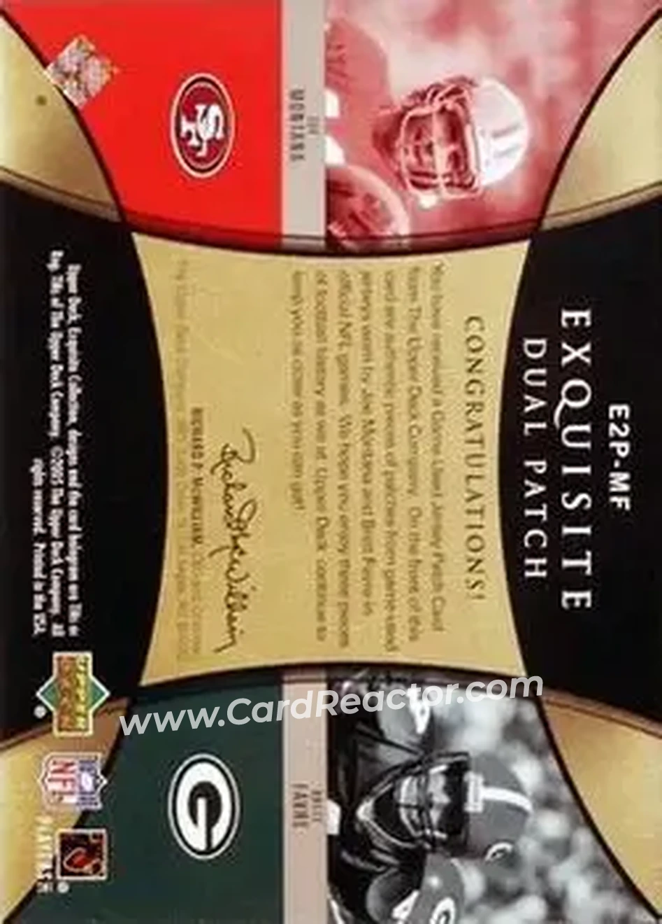 2005 Upper Deck Exquisite Collection - Patch Duals #E2P-MF - Joe Montana - Brett Favre MEM, SN25 - San Francisco 49ers - Green Bay Packers - Back