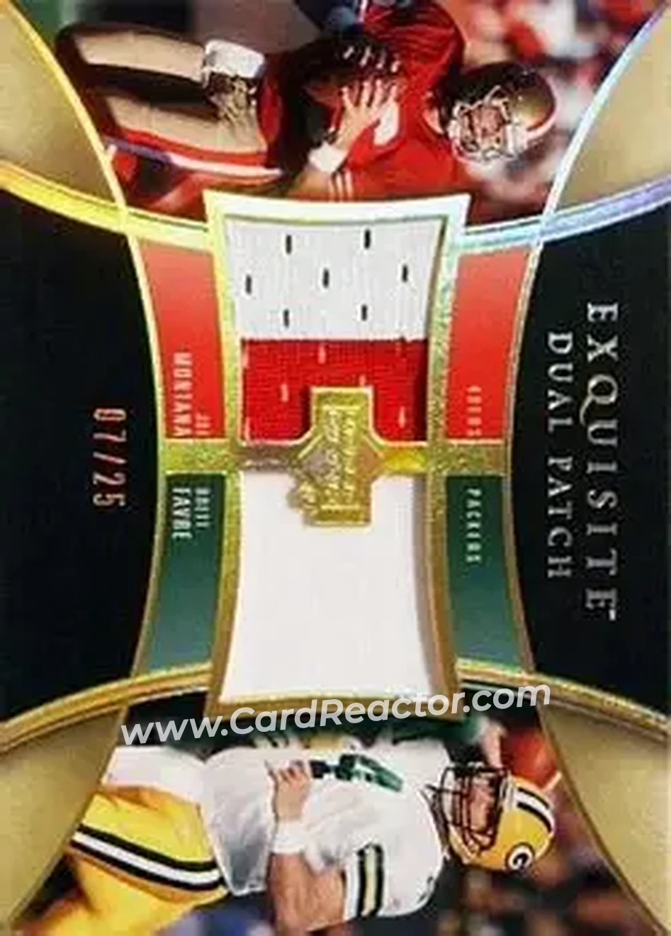 2005 Upper Deck Exquisite Collection - Patch Duals #E2P-MF - Joe Montana - Brett Favre MEM, SN25 - San Francisco 49ers - Green Bay Packers - Front