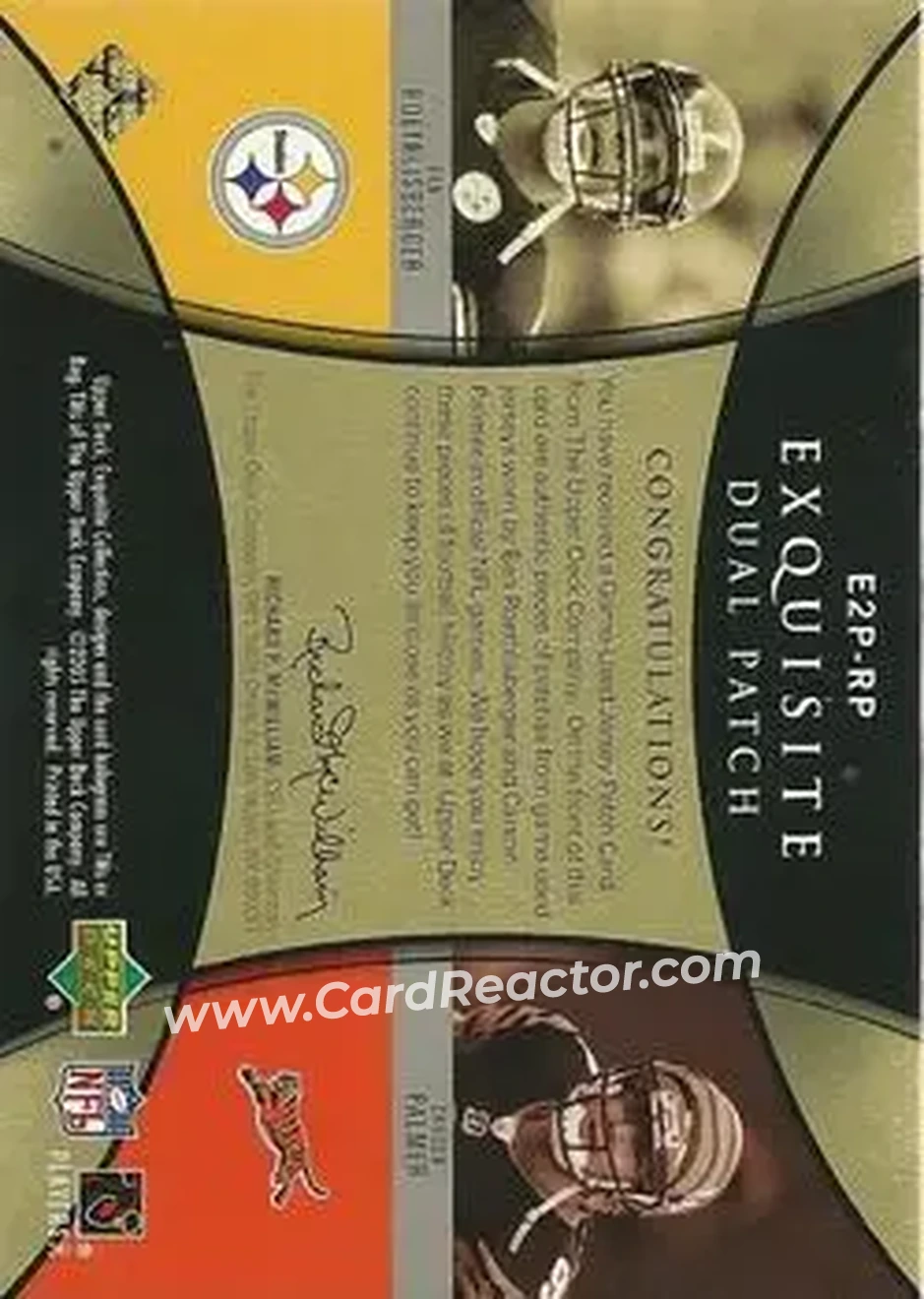 2005 Upper Deck Exquisite Collection - Patch Duals #E2P-RP - Ben Roethlisberger - Carson Palmer MEM, SN25 - Pittsburgh Steelers - Cincinnati Bengals - Back