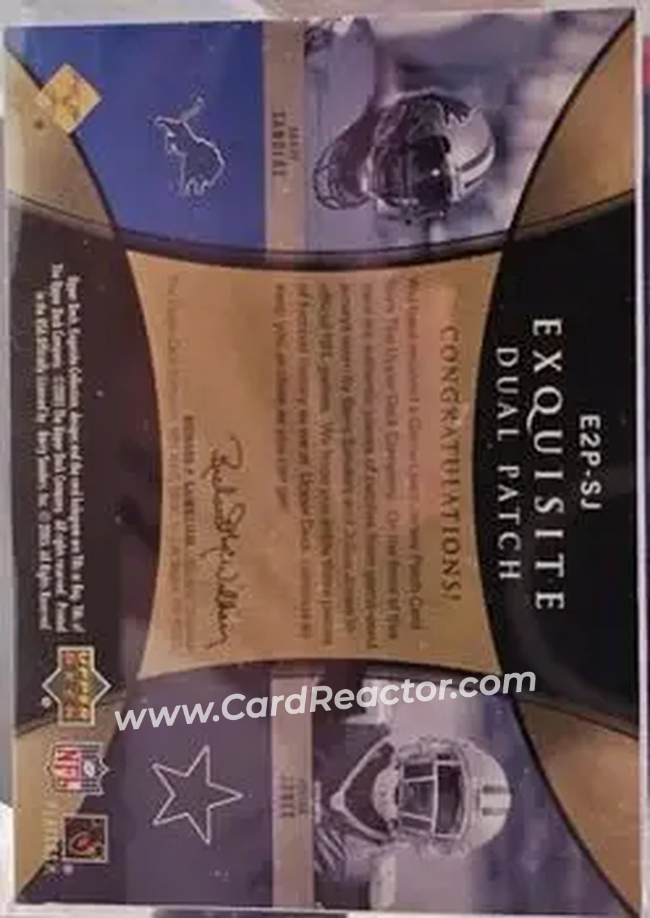 2005 Upper Deck Exquisite Collection - Patch Duals #E2P-SJ - Barry Sanders - Julius Jones MEM, SN25 - Detroit Lions - Dallas Cowboys - Back