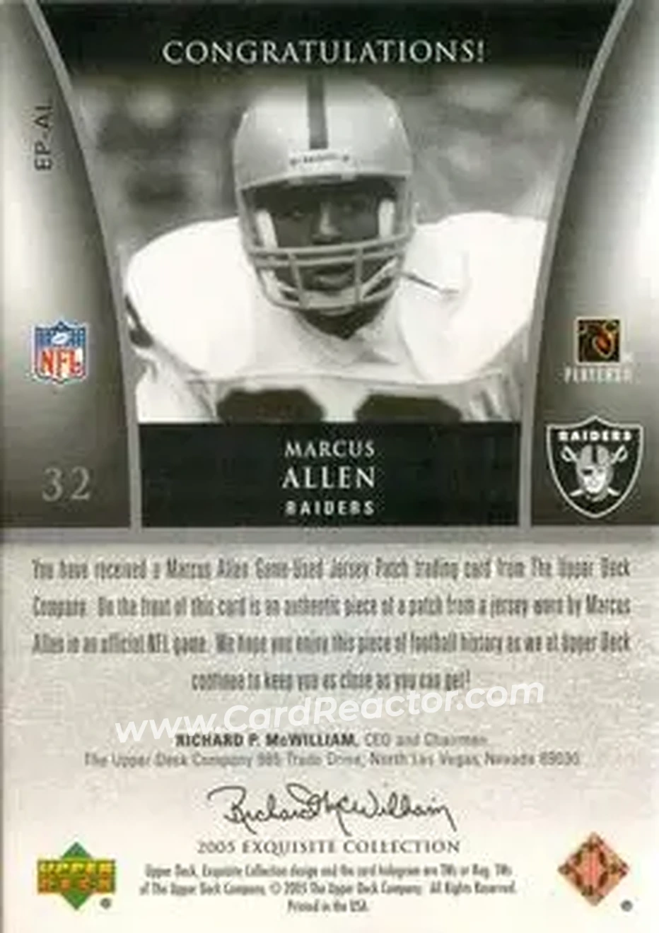 2005 Upper Deck Exquisite Collection - Patch Gold #EP-AL - Marcus Allen - Los Angeles Raiders - Back 2005 Upper Deck Exquisite Collection - Patch Gold #EP-AL - Marcus Allen - Los Angeles Raiders - Back