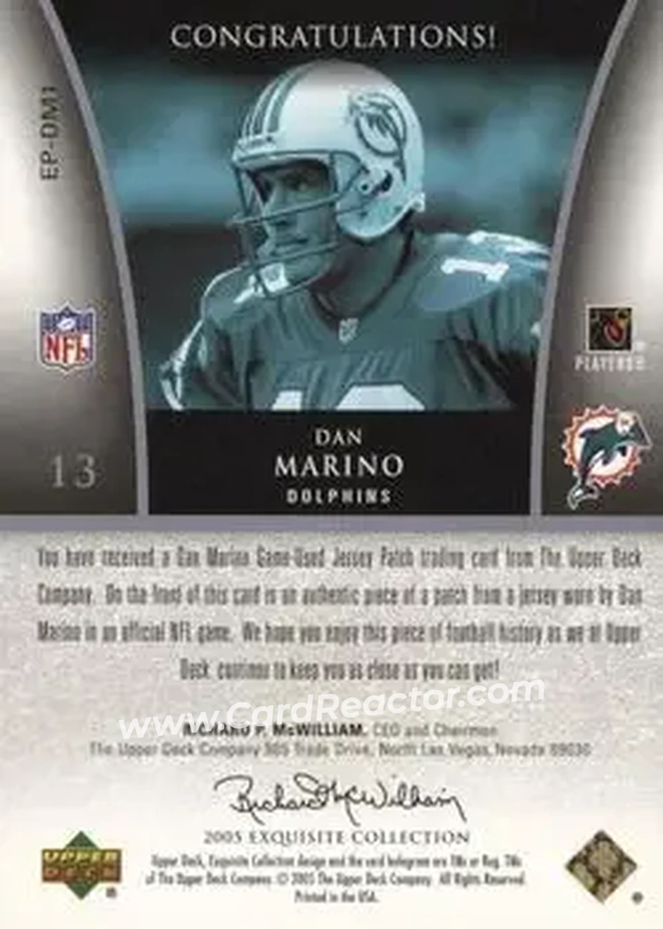 2005 Upper Deck Exquisite Collection - Patch Gold #EP-DM1 - Dan Marino - Miami Dolphins - Back