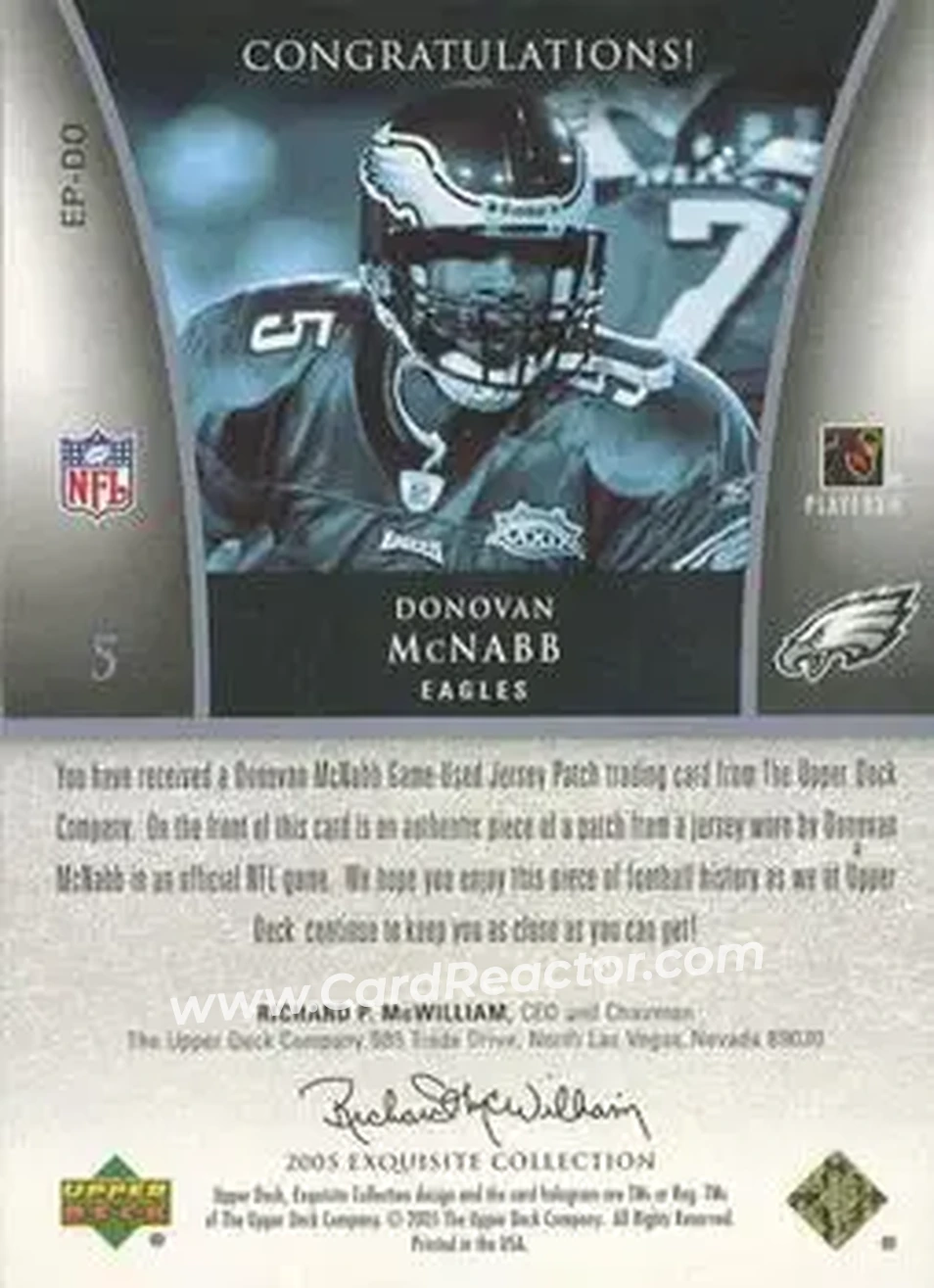 2005 Upper Deck Exquisite Collection - Patch Gold #EP-DO - Donovan McNabb - Philadelphia Eagles - Back
