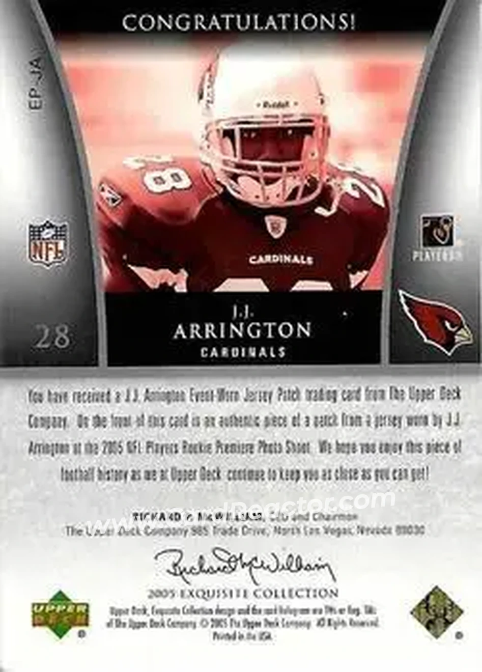 2005 Upper Deck Exquisite Collection - Patch Gold #EP-JA - J.J. Arrington - Arizona Cardinals - Back 2005 Upper Deck Exquisite Collection - Patch Gold #EP-JA - J.J. Arrington - Arizona Cardinals - Back