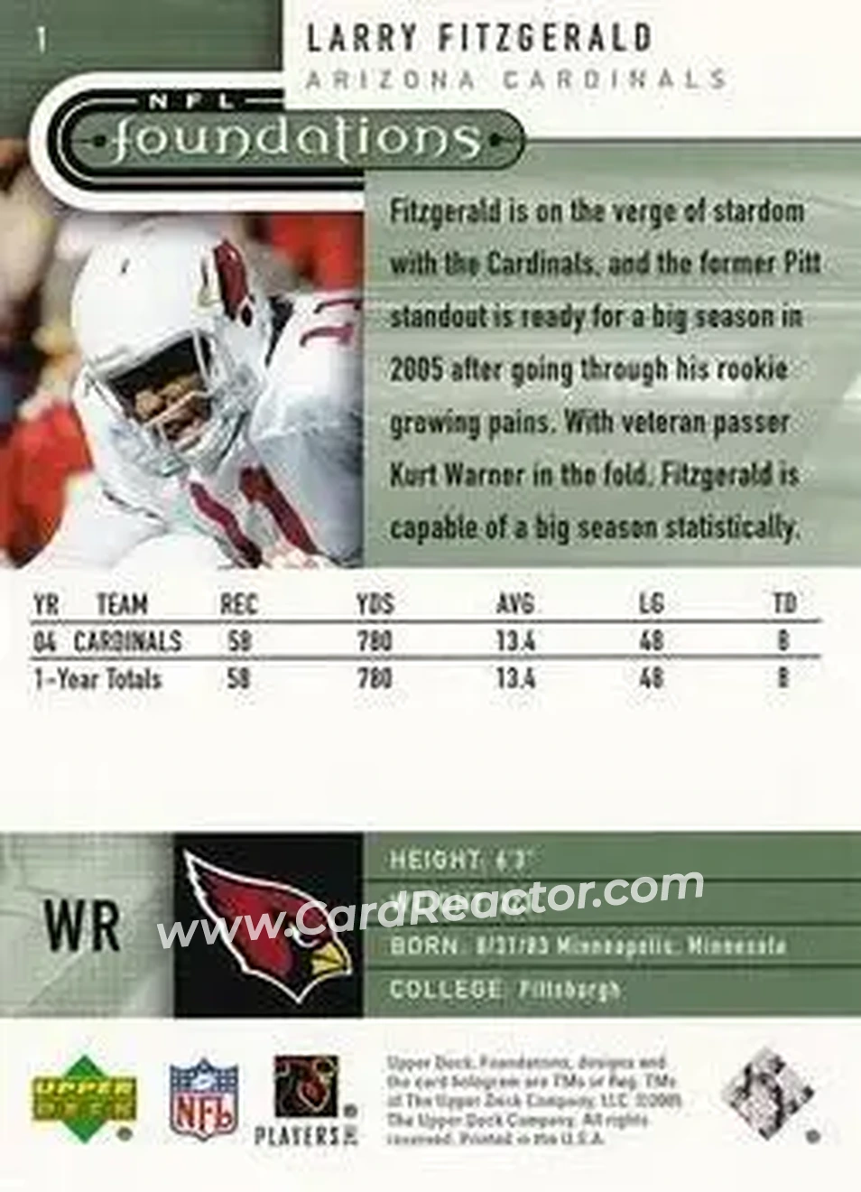 2005 Upper Deck Foundations #1 - Larry Fitzgerald - Arizona Cardinals - Back 2005 Upper Deck Foundations #1 - Larry Fitzgerald - Arizona Cardinals - Back