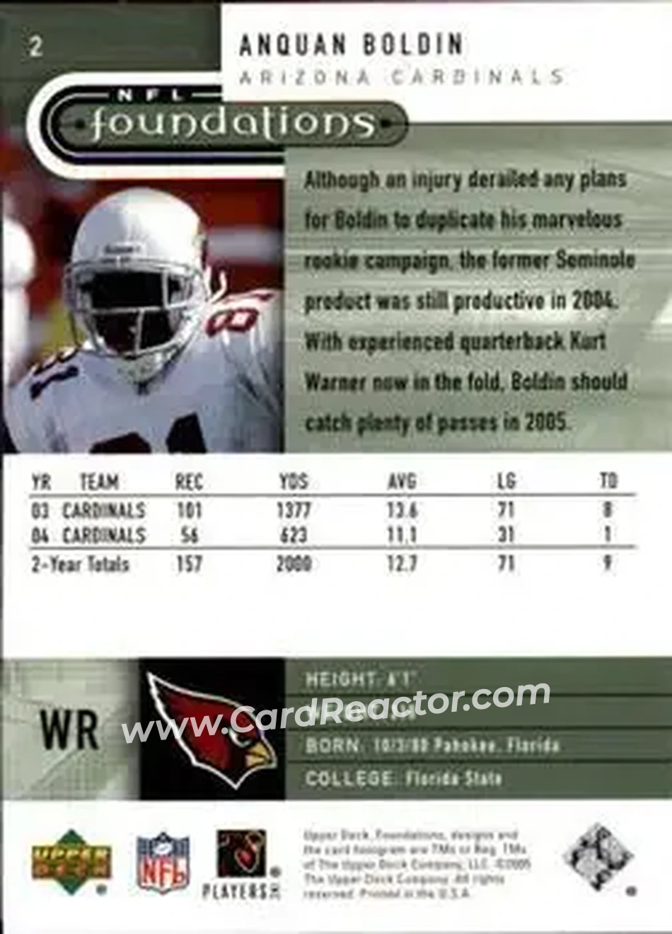 2005 Upper Deck Foundations #2 - Anquan Boldin - Arizona Cardinals - Back 2005 Upper Deck Foundations #2 - Anquan Boldin - Arizona Cardinals - Back
