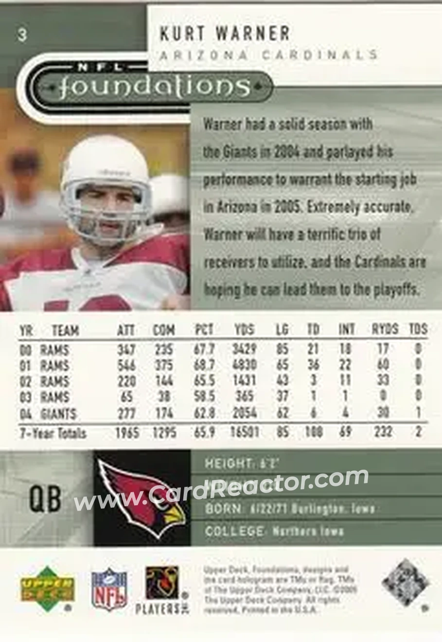 2005 Upper Deck Foundations #3 - Kurt Warner - Arizona Cardinals - Back 2005 Upper Deck Foundations #3 - Kurt Warner - Arizona Cardinals - Back