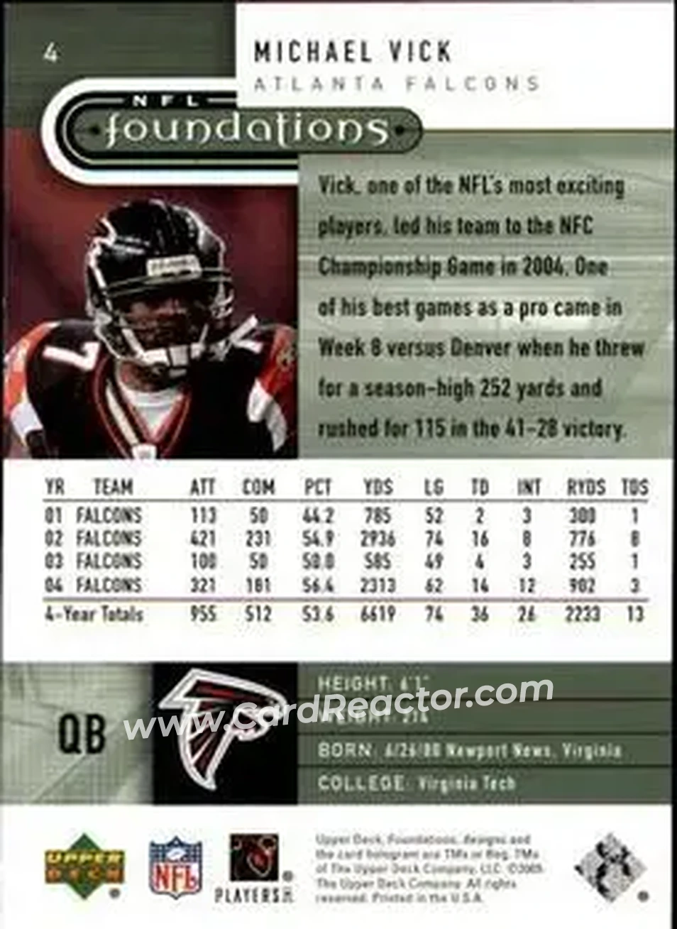 2005 Upper Deck Foundations #4 - Michael Vick - Atlanta Falcons - Back 2005 Upper Deck Foundations #4 - Michael Vick - Atlanta Falcons - Back