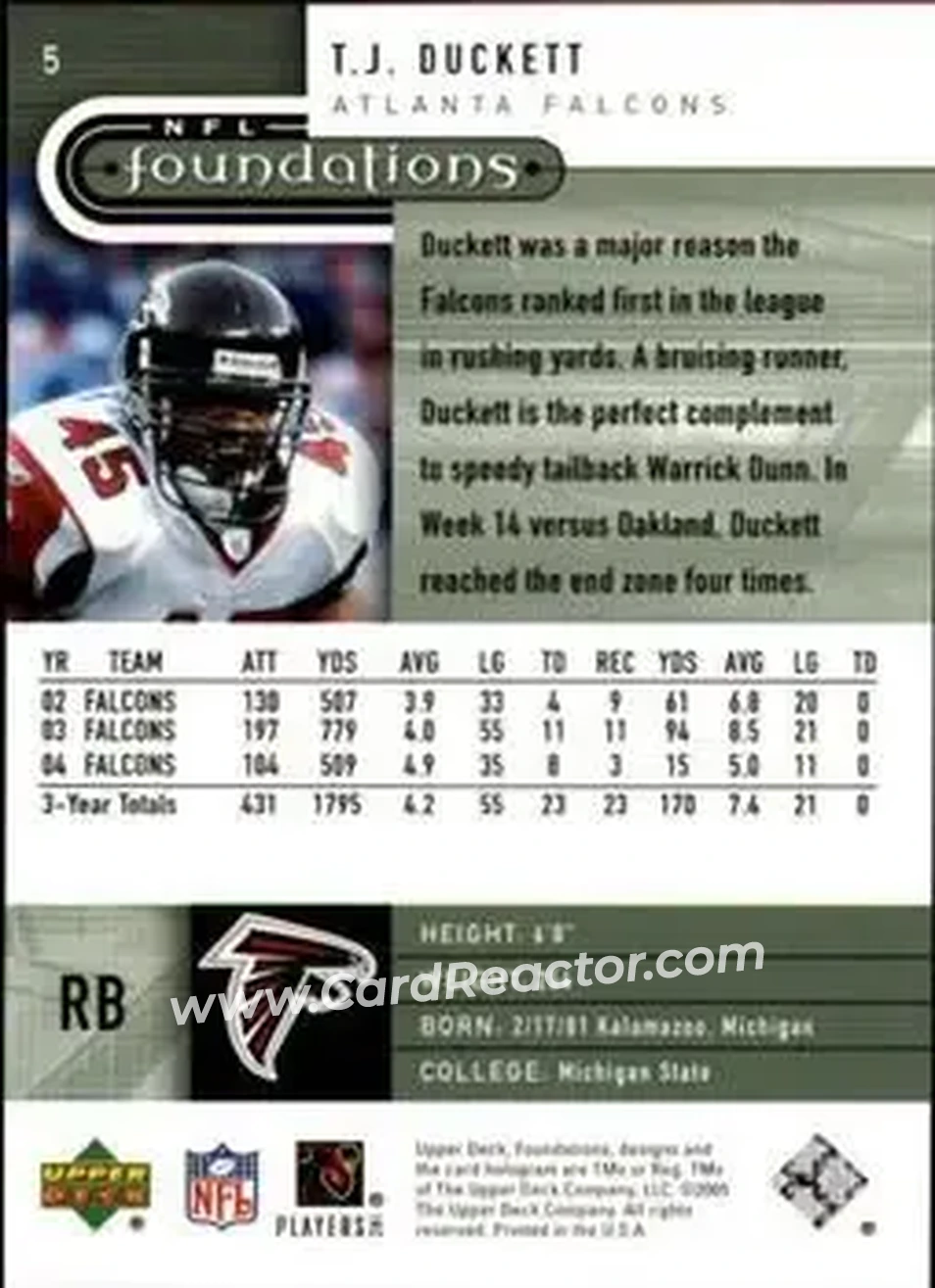 2005 Upper Deck Foundations #5 - T.J. Duckett - Atlanta Falcons - Back