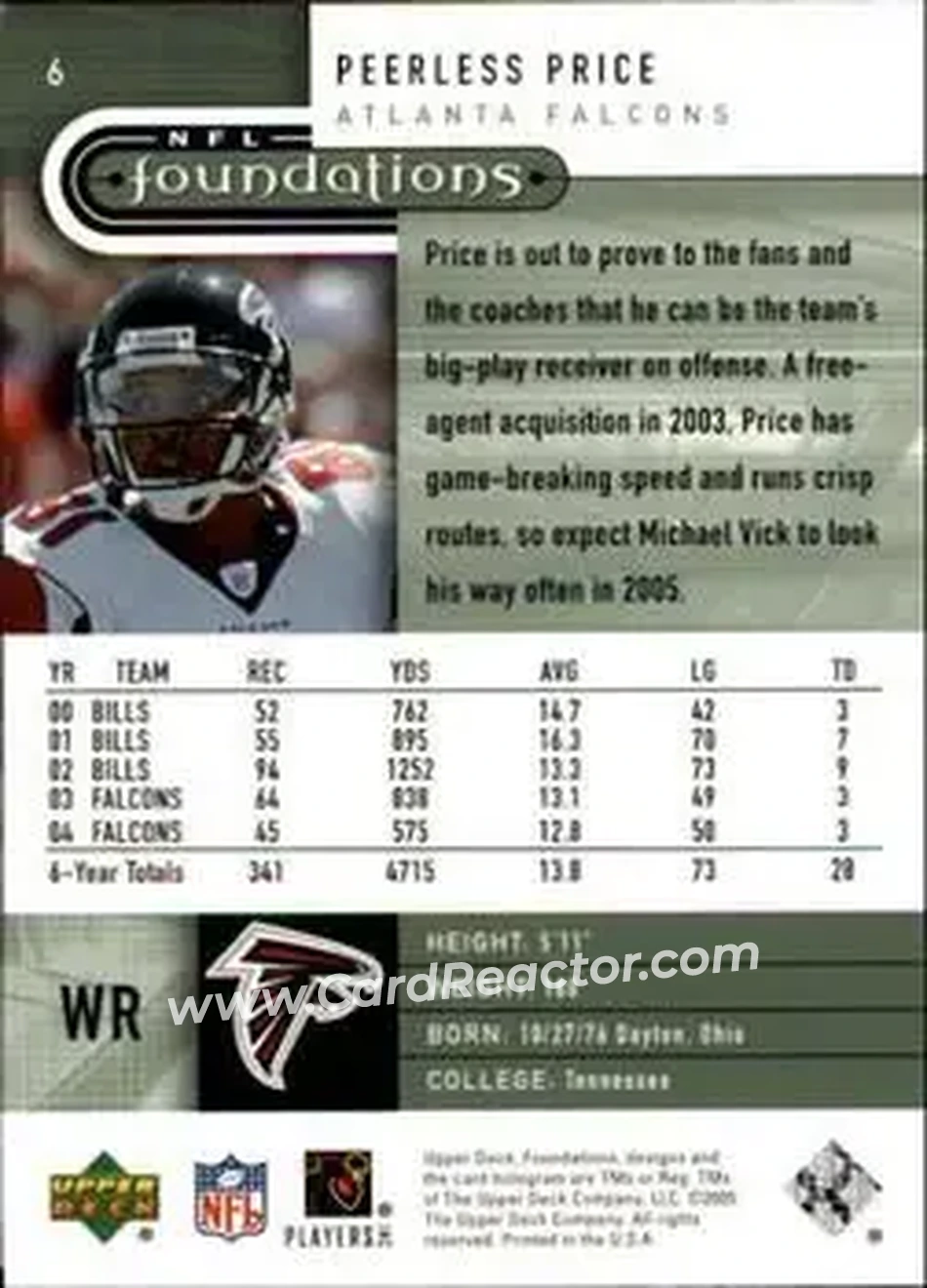 2005 Upper Deck Foundations #6 - Peerless Price - Atlanta Falcons - Back