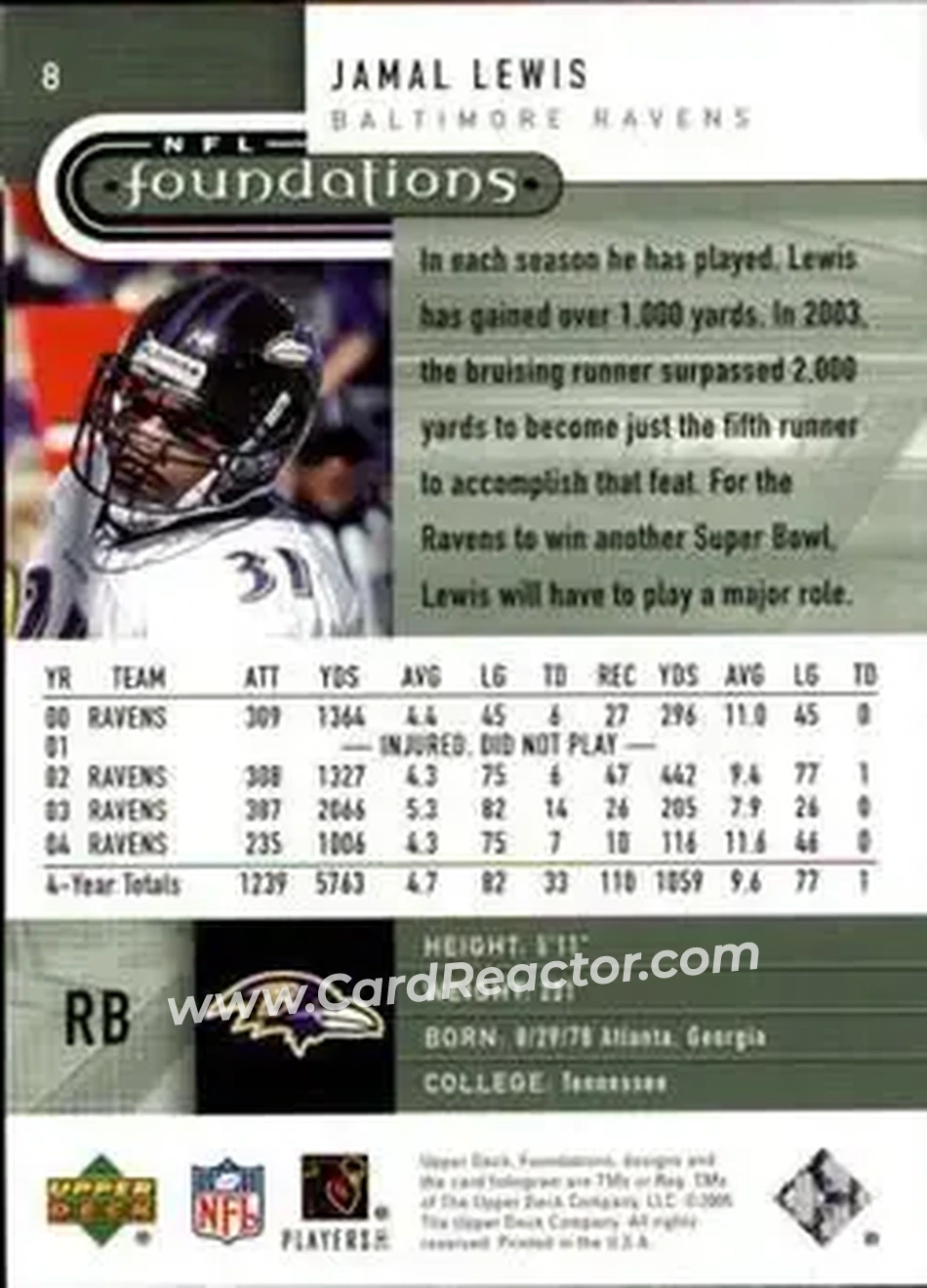 2005 Upper Deck Foundations #8 - Jamal Lewis - Baltimore Ravens - Back 2005 Upper Deck Foundations #8 - Jamal Lewis - Baltimore Ravens - Back