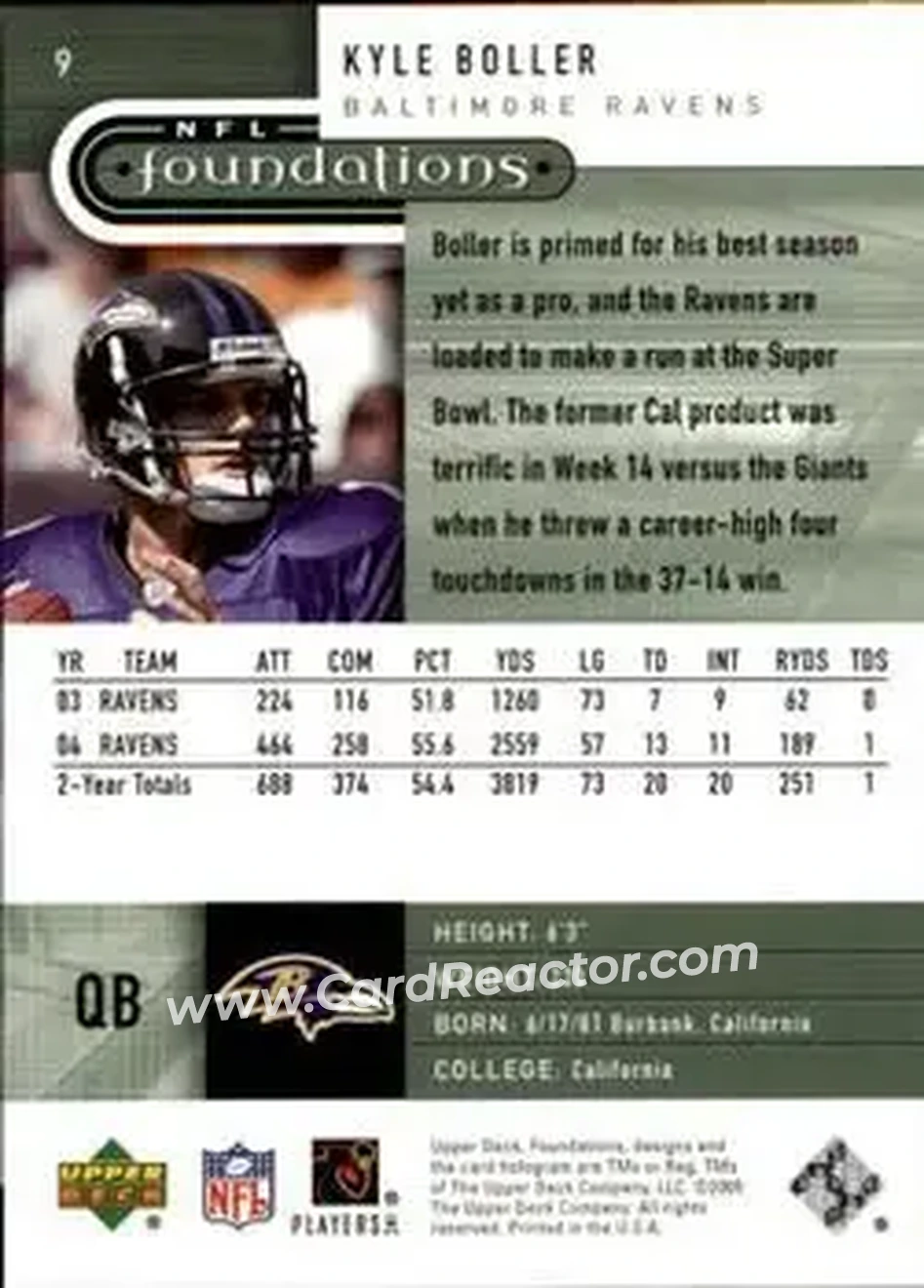 2005 Upper Deck Foundations #9 - Kyle Boller - Baltimore Ravens - Back 2005 Upper Deck Foundations #9 - Kyle Boller - Baltimore Ravens - Back