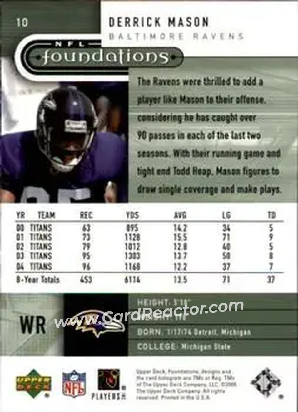 2005 Upper Deck Foundations #10 - Derrick Mason - Baltimore Ravens - Back