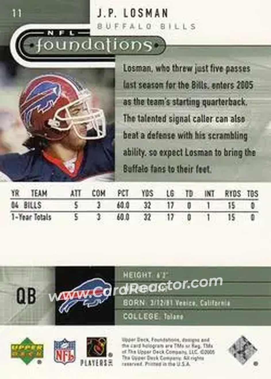 2005 Upper Deck Foundations #11 - J.P. Losman - Buffalo Bills - Back 2005 Upper Deck Foundations #11 - J.P. Losman - Buffalo Bills - Back