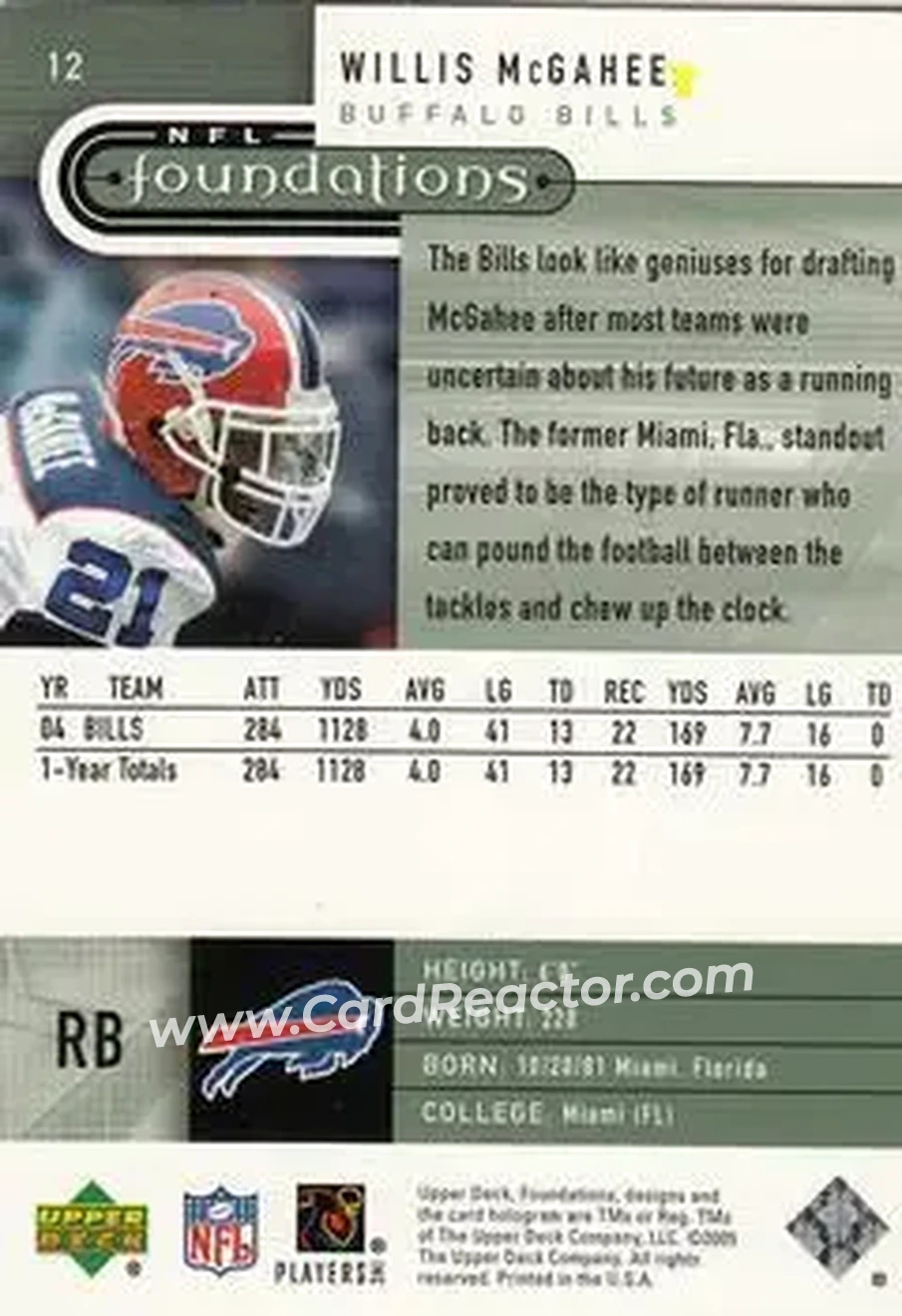 2005 Upper Deck Foundations #12 - Willis McGahee - Buffalo Bills - Back