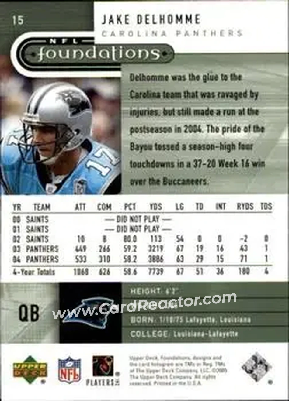 2005 Upper Deck Foundations #15 - Jake Delhomme - Carolina Panthers - Back