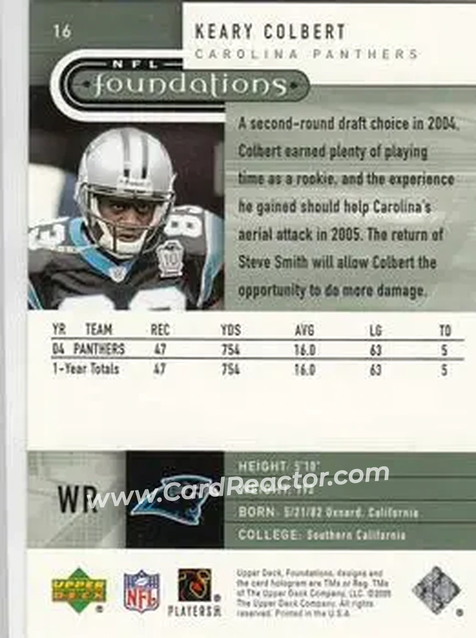 2005 Upper Deck Foundations #16 - Keary Colbert - Carolina Panthers - Back