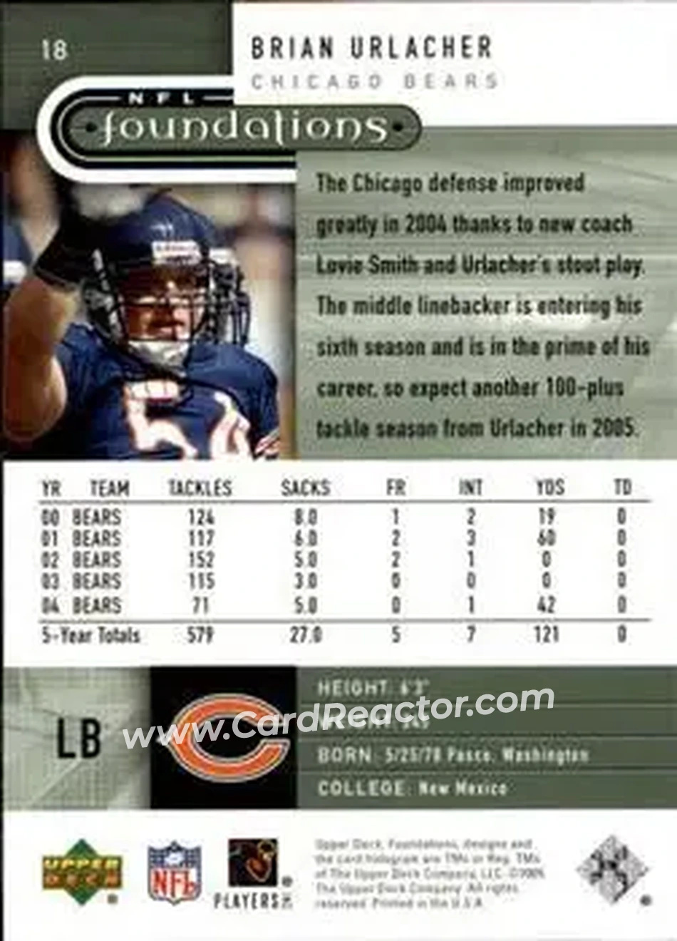 2005 Upper Deck Foundations #18 - Brian Urlacher - Chicago Bears - Back 2005 Upper Deck Foundations #18 - Brian Urlacher - Chicago Bears - Back