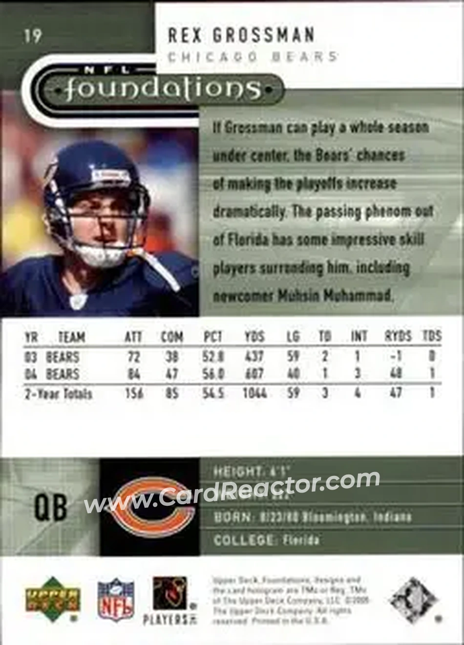 2005 Upper Deck Foundations #19 - Rex Grossman - Chicago Bears - Back 2005 Upper Deck Foundations #19 - Rex Grossman - Chicago Bears - Back