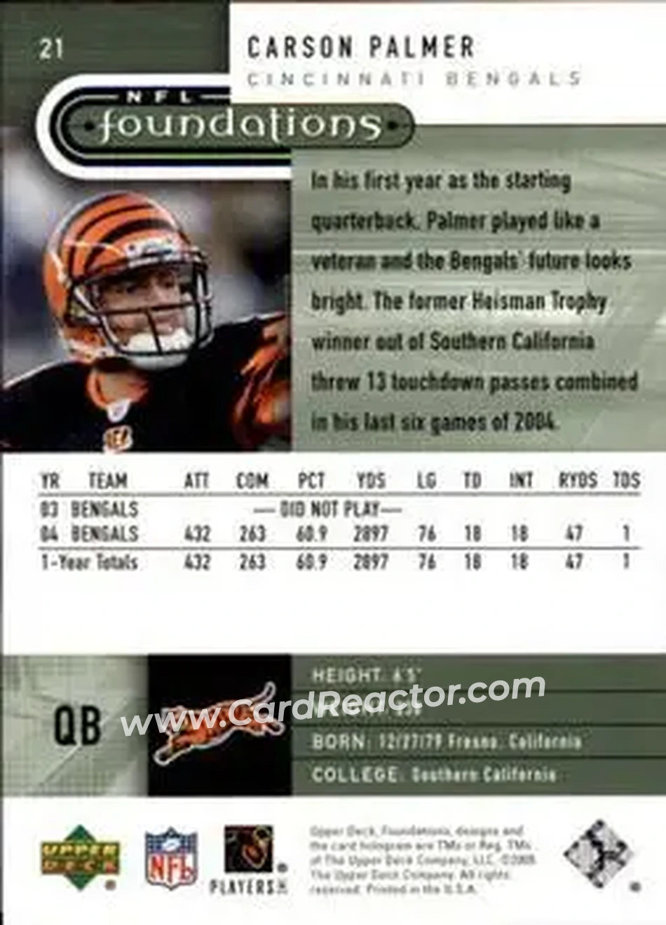 2005 Upper Deck Foundations #21 - Carson Palmer - Cincinnati Bengals - Back 2005 Upper Deck Foundations #21 - Carson Palmer - Cincinnati Bengals - Back